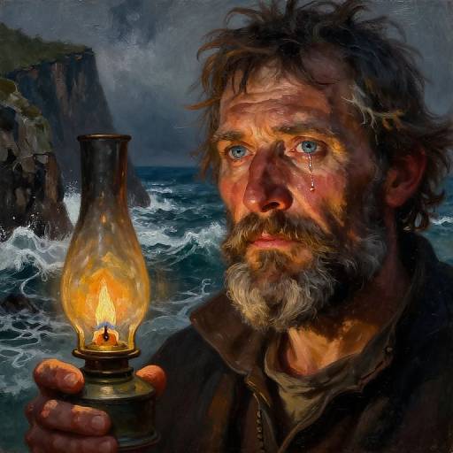 A weathered, bearded man with tears in his eyes holds a glowing lantern against a stormy seascape, painting in realistic, dramatic style.