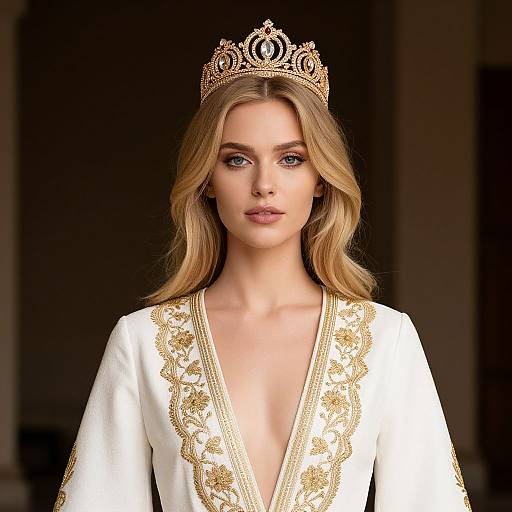 Blonde Woman in Embroidered White Dress