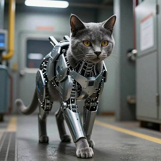 Photorealistic CGI of a grey cat with yellow eyes wearing metallic robotic armor, walking on a dimly lit industrial floor.