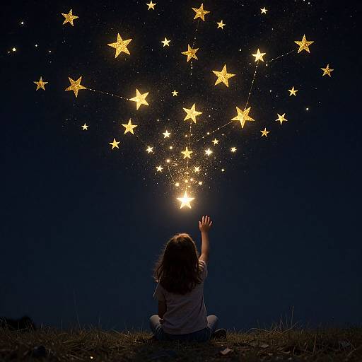 Photograph of a child with long hair, sitting on grass at night, reaching up towards a sky filled with glowing yellow stars.
