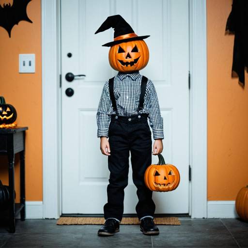 Whimsical Halloween Boy with Pumpkin Hat