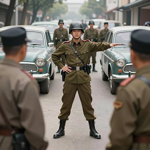 Dynamic Street Scene with Soldier and Vintage Cars