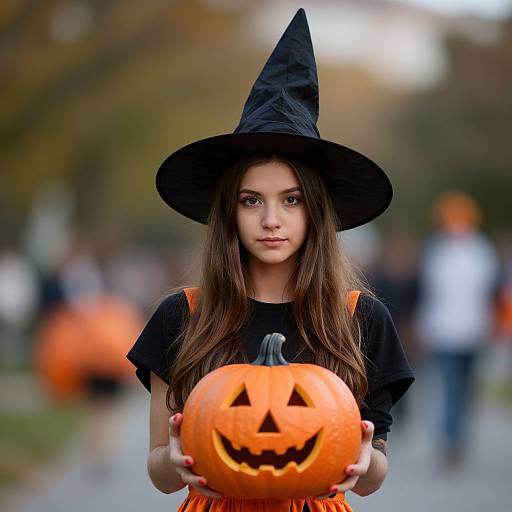 Young woman with long brown hair, wearing a black witch hat and black shirt, holding a carved orange pumpkin in a blurred Halloween street scene. Photoreal