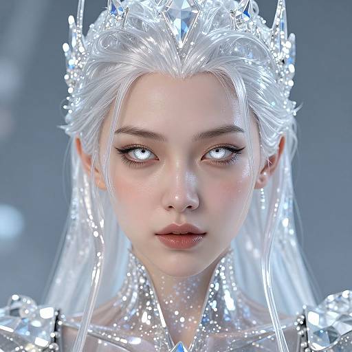 CGI portrait of a fair-skinned, white-haired woman with glowing blue eyes, adorned with a crystalline crown, and illuminated by ethereal light