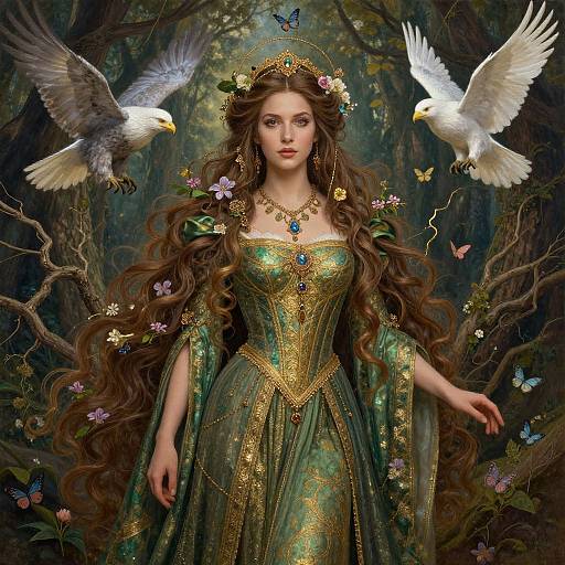 Digital fantasy artwork of a fair-skinned, long-haired princess in a green, gold-embroidered gown, adorned with flowers and jewels, fl