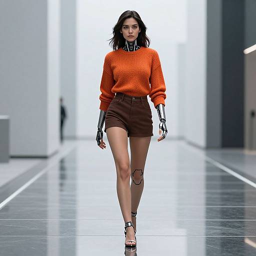 Model in orange knit sweater, brown shorts, black robotic gloves, and heels walks on glossy runway with white background.