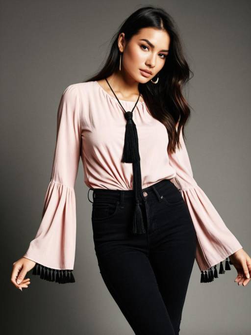 Woman in Blush Pink Blouse and Black Skinny Jeans