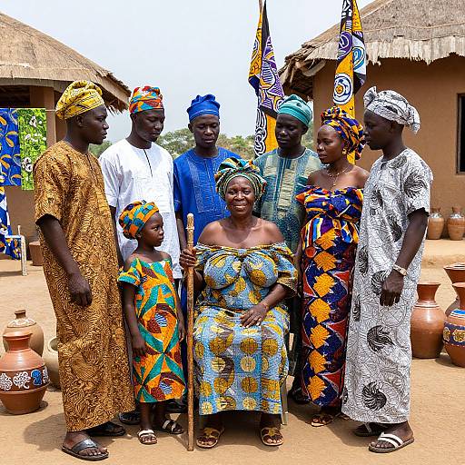 Photograph of a group of seven African villagers in colorful traditional clothing, standing and sitting in front of thatched huts, holding flags, with clay