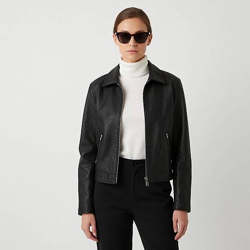 Photograph of a woman with brown hair, wearing black leather jacket, white turtleneck, black pants, and dark sunglasses, against a white background