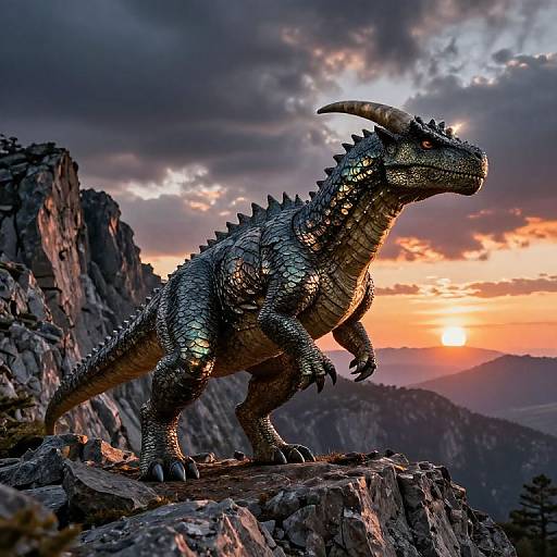 Photorealistic CGI of a dark, scaled dragon with glowing eyes standing on a rocky mountain peak during a dramatic sunset.