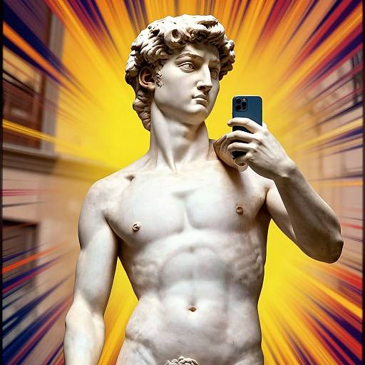 Digital artwork of a classical marble statue of a shirtless, muscular, and handsome young man taking a selfie with a modern smartphone, set against a vibrant