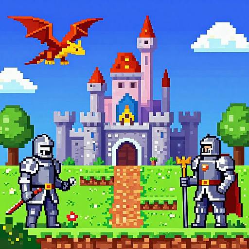 Pixel art of two armored knights facing each other in front of a castle with a red dragon flying above, bright blue sky, green grass, and a