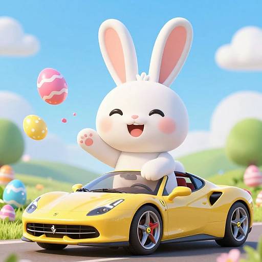 Cute CGI bunny joyfully juggling colorful Easter eggs from a yellow Lamborghini convertible on a sunny, blue-sky day.