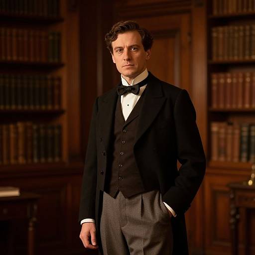 Photograph of a handsome young man with wavy brown hair, wearing a black tuxedo with a white shirt and black bow tie, standing in