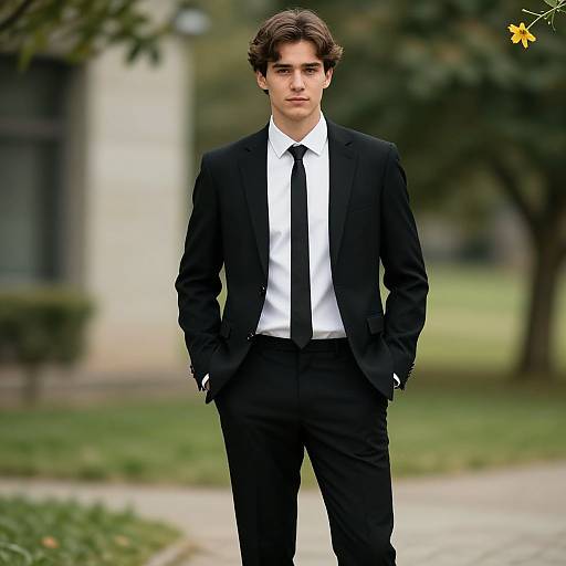 Photograph of a young man with wavy brown hair, wearing a black suit, white shirt, and black tie, standing confidently outdoors with hands in