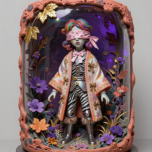 Photograph of a vividly dressed porcelain doll with rainbow hair, blindfold, zebra-striped outfit, floral kimono, surrounded by colorful flowers in