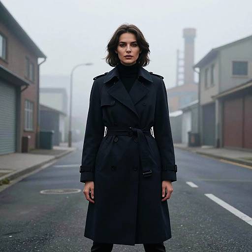 Photograph of a serious-looking woman with wavy brown hair, wearing a black trench coat, standing in a foggy, deserted urban street.