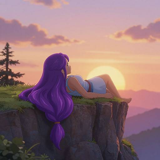 Anime-style digital art of a girl with long purple hair, wearing a white dress, lounging on a cliff at sunset, with a vibrant orange and