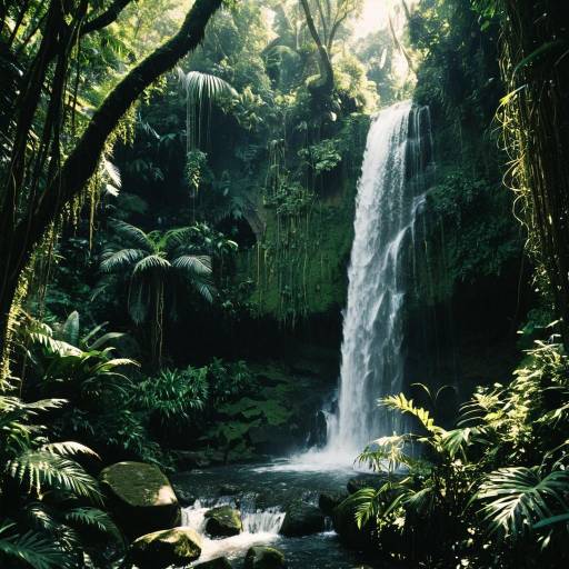 Mystical Jungle Waterfall with Hidden Statues Mystical Jungle Waterfall with Hidden Statues