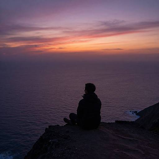 Photograph of a silhouetted person sitting on a rocky cliff, watching a vibrant sunset over a calm ocean with purple and orange sky.