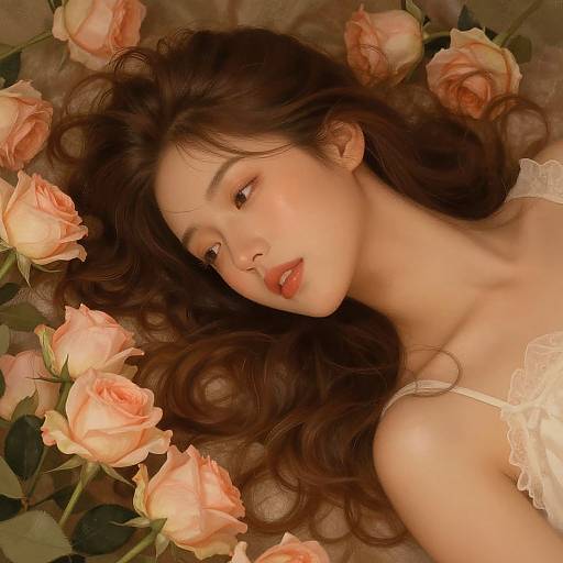 Photograph of an East Asian woman with long, wavy brown hair, lying amidst pink roses, wearing a white lace top, with a soft,
