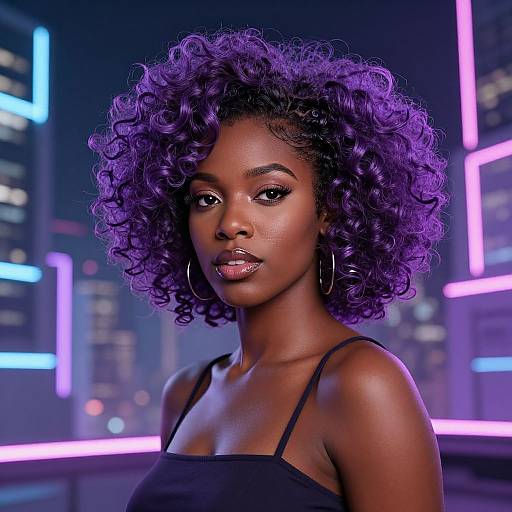 Photorealistic digital portrait of a dark-skinned woman with vibrant purple curly hair, wearing a black spaghetti strap top, against a neon-lit city