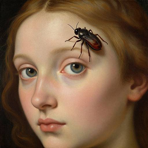 Digital painting of a young girl with fair skin and blue eyes, red hair, and a black beetle on her forehead.