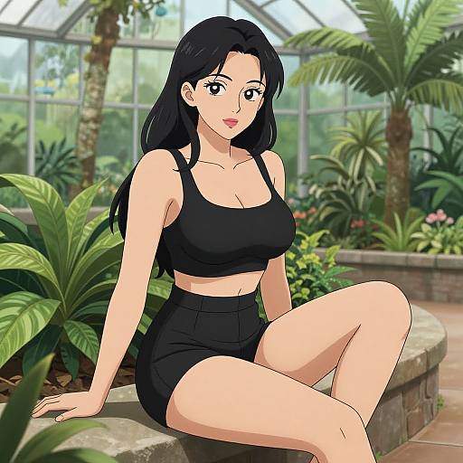 Digital anime-style drawing of a black-haired woman with large breasts, wearing a black sports bra and shorts, sitting in a lush greenhouse.