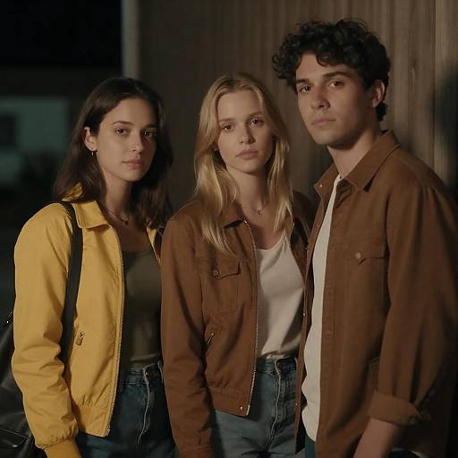 Photograph of three young adults, two women and one man, wearing brown and yellow jackets, standing against a wooden backdrop. Casual, serious expressions.