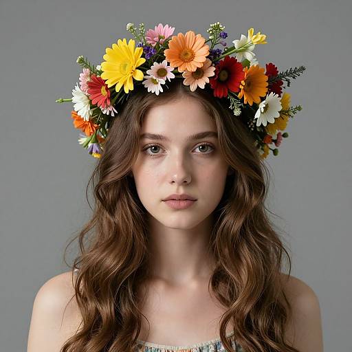 Photograph of a young woman with wavy brown hair, fair skin, wearing a colorful flower crown with yellow, orange, white, and red flowers