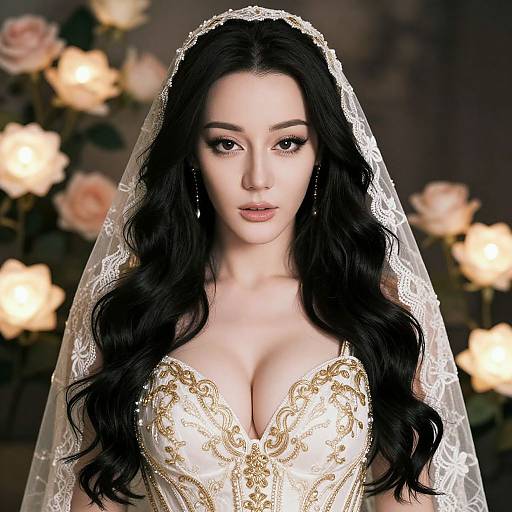 Photograph of a beautiful Asian woman with long black hair, wearing an ornate white lace wedding dress and veil, surrounded by glowing roses.