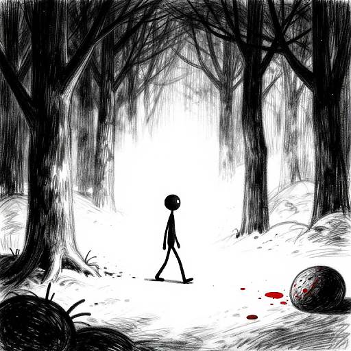Black-and-white digital drawing of a small, stick-figure person walking through a snowy, eerie forest with dark trees and a blood-stained rock in the