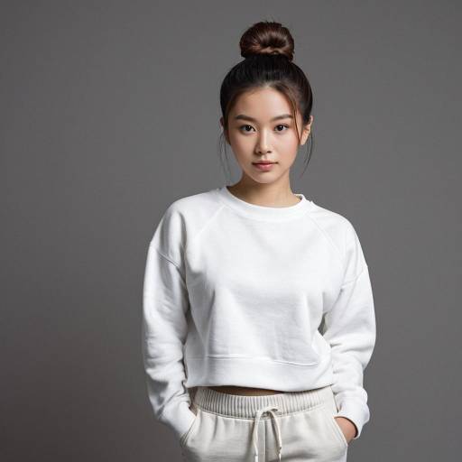 Young Asian Woman in White Sweatshirt and Pants