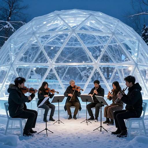 Photograph of six musicians playing violins under a glowing, translucent geodesic dome in a snowy, nighttime forest. Snow-covered ground, illuminated by