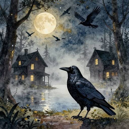 Digital illustration of a black crow standing by a misty lake at night, with eerie houses, flying ravens, and a full moon. Dark,