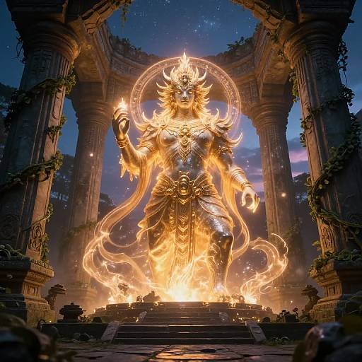 Digital artwork of a fiery, golden, horned deity with glowing eyes, standing on a pedestal in an ancient, ruined temple at night.