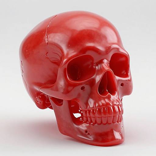 Photograph of a highly polished, bright red plastic skull with reflective surface, detailed eye sockets, nose cavity, and teeth, set against a clean white