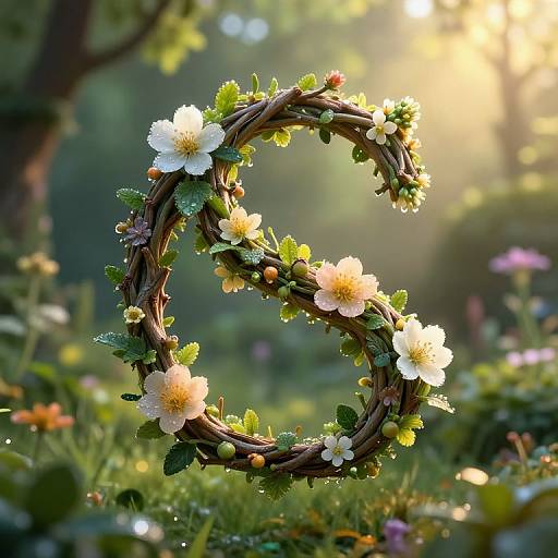 Photograph of a gracefully curved, brown twig wreath adorned with white flowers, green leaves, and dewdrops, set against a sunlit, blurred