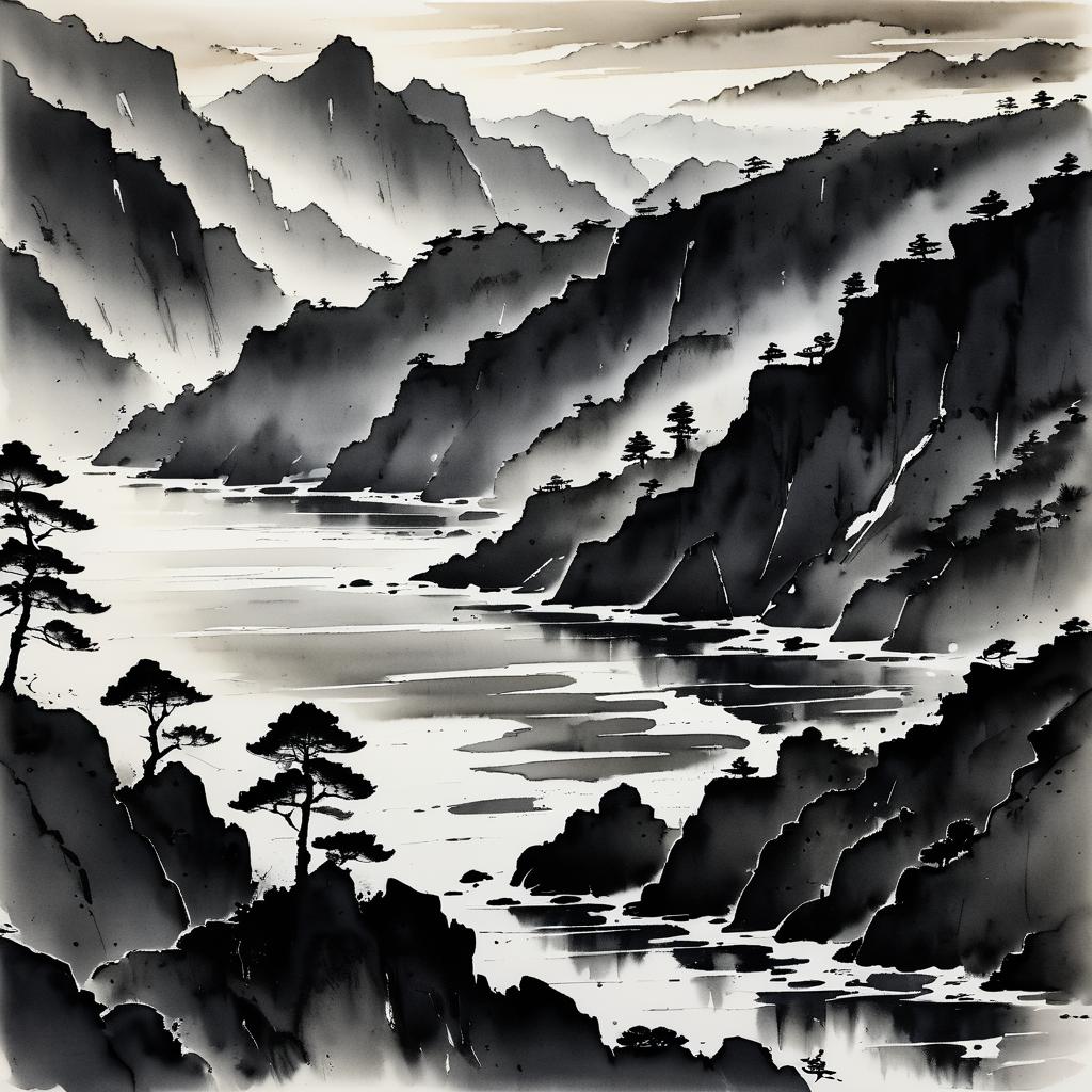 Serene Rocky Highlands in Ink Wash