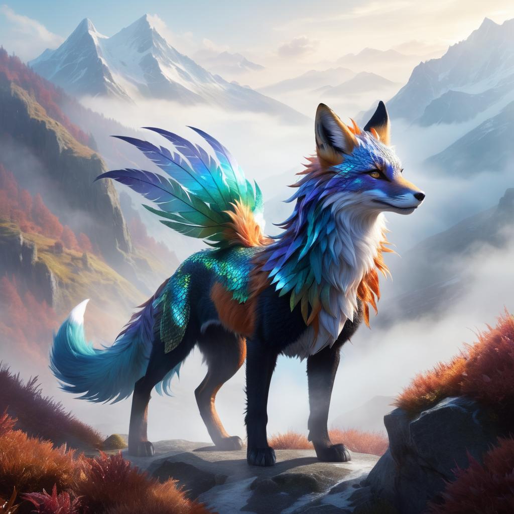 Mystical Fox-Dragon Hybrid in Mountains