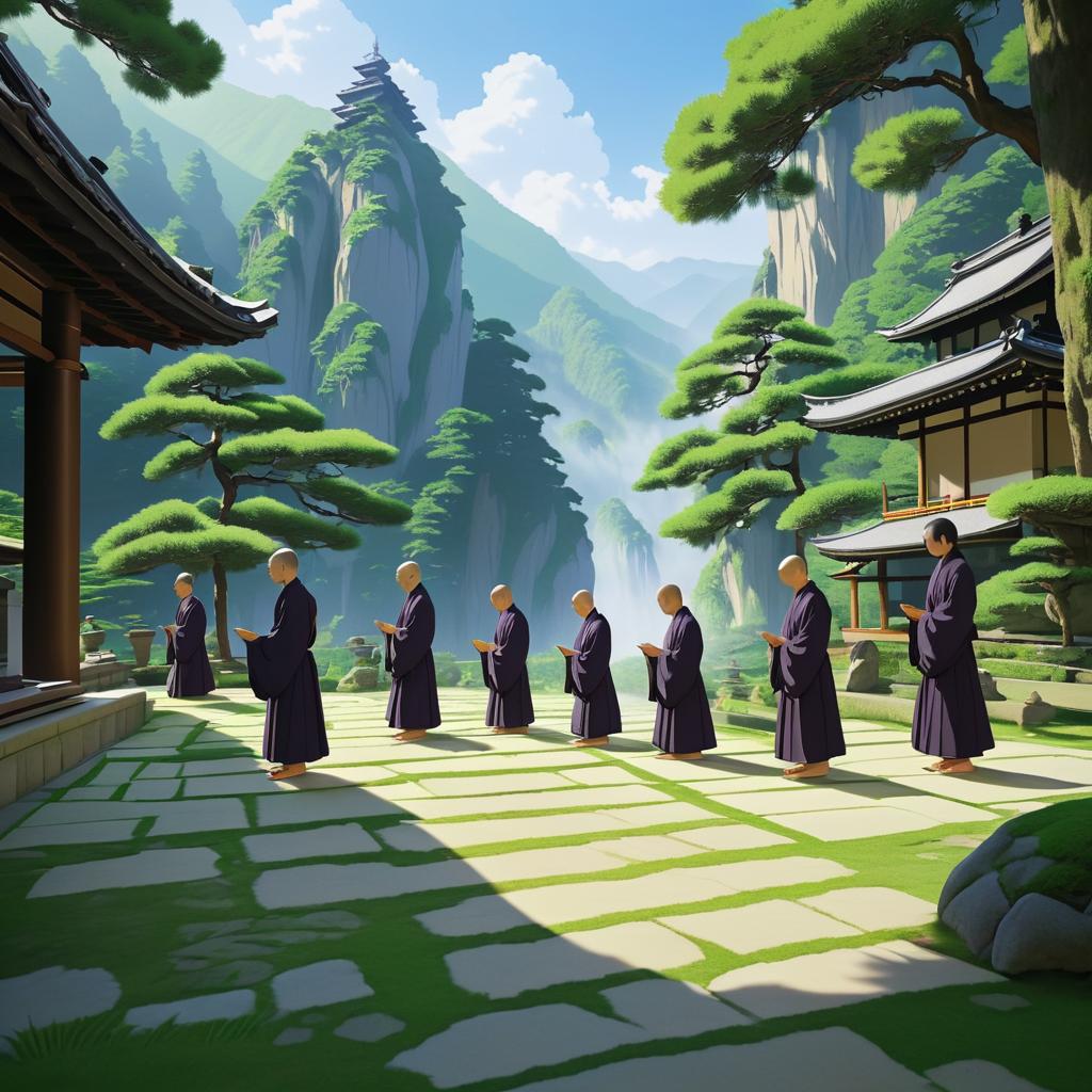 Monks in Serene Garden Prayer Scene