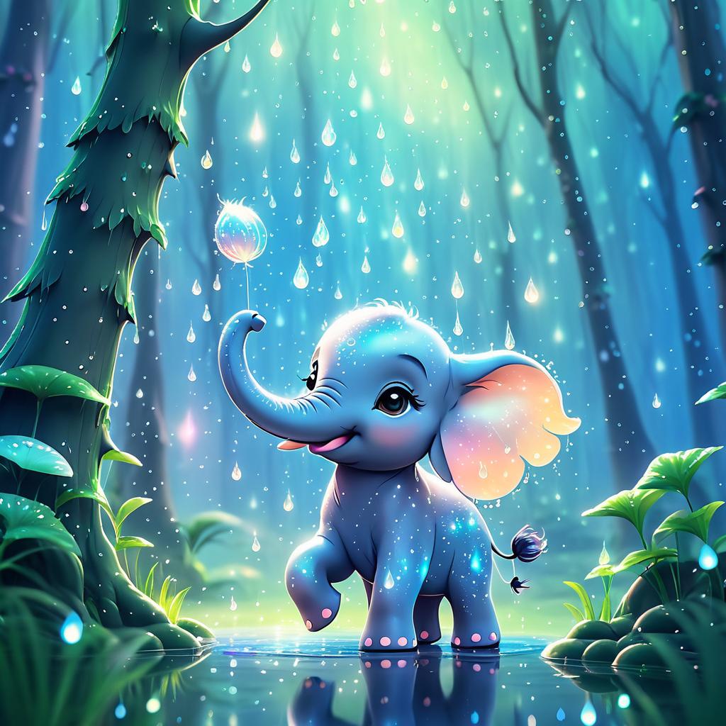 Whimsical Baby Elephant in Fantasy Rain