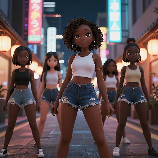 Cute Black Anime Girls Neon Night