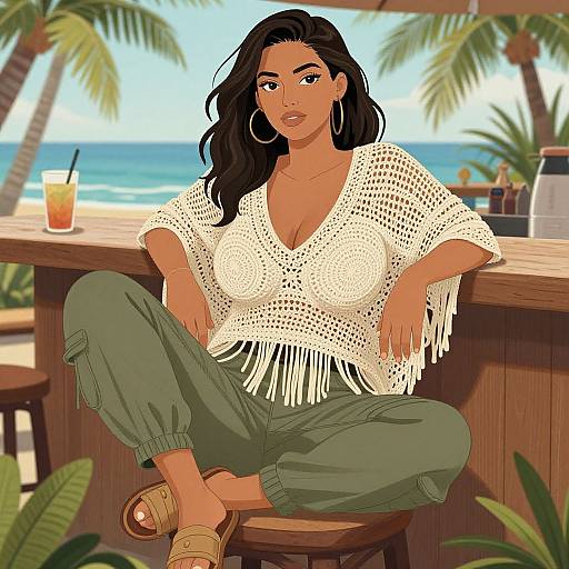 Digital illustration of a tan-skinned woman with black wavy hair, wearing a white crochet top, green pants, hoop earrings, and sandals, sitting