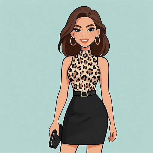 Digital illustration of a confident woman with wavy brown hair, wearing a leopard-print top, black skirt, hoop earrings, and holding a black clutch,