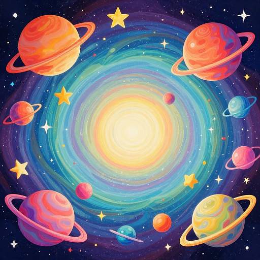 Colorful digital illustration of a vibrant galaxy with a bright, glowing sun at the center. Surrounding planets, rings, and stars in shades of red