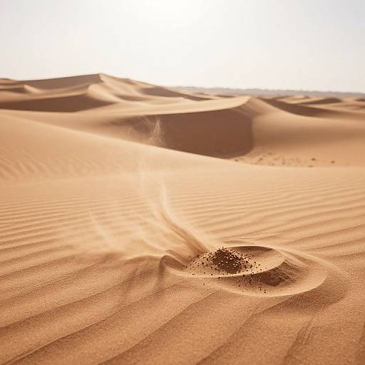 Photograph of a sunlit desert sand dune with rippled textures, a small sand mound, and sparse sand particles in the foreground. Bright white