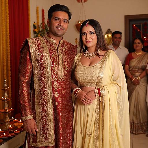 Photograph of a South Asian couple in traditional wedding attire; groom in red and gold sherwani, bride in cream and gold lehenga, standing