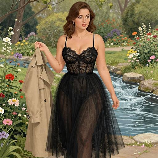 Digital art of a brunette woman in black lace dress and sheer tulle, holding a beige coat, standing by a flowing stream in a vibrant, flower