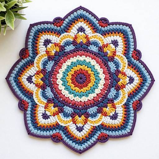 Vibrant, intricate crocheted mandala with multicolored petals in red, orange, blue, yellow, and white, set against a